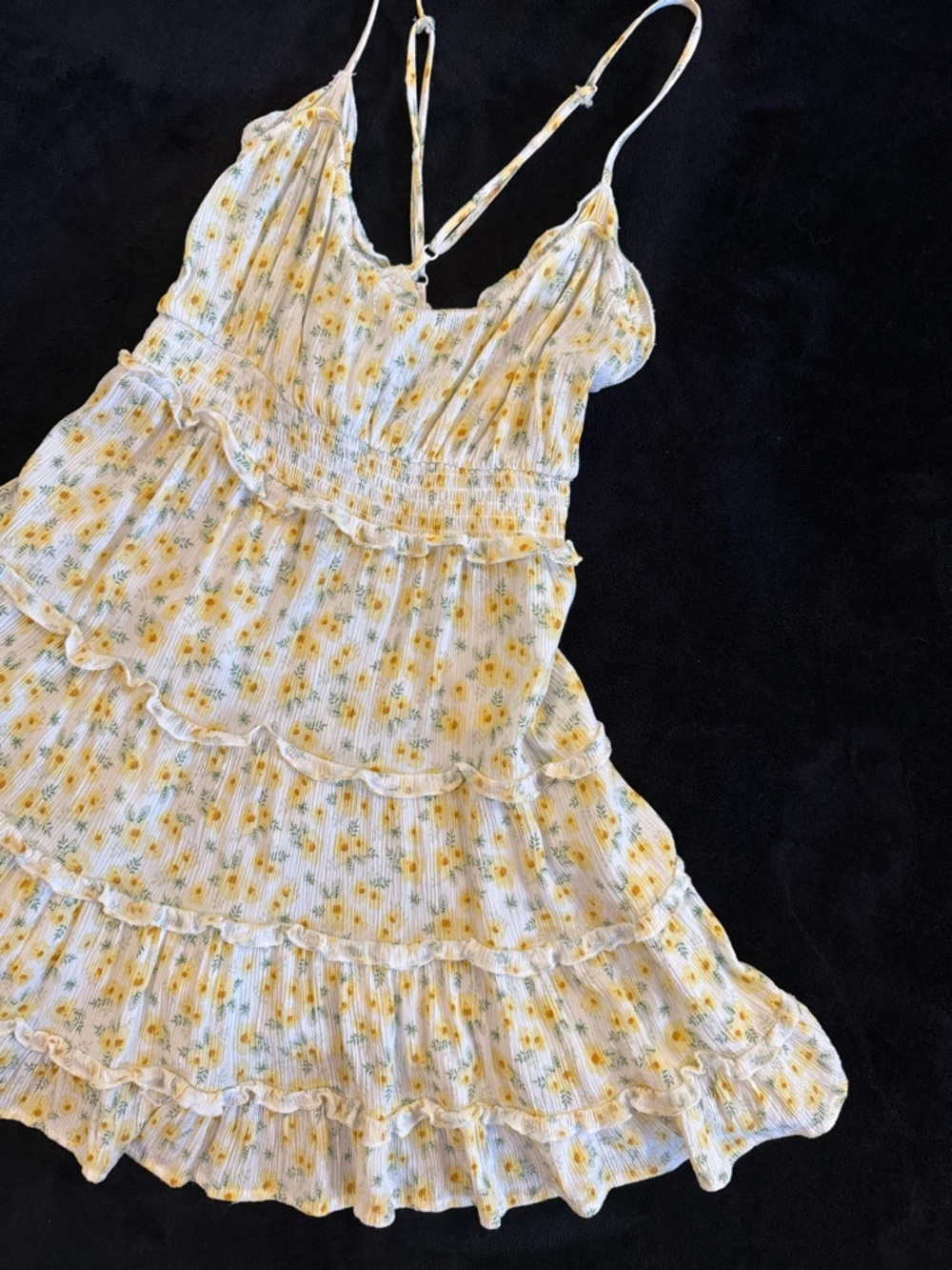 Yellow Floral Ruffle Mini Sundress - Lightweight Tiered Dress